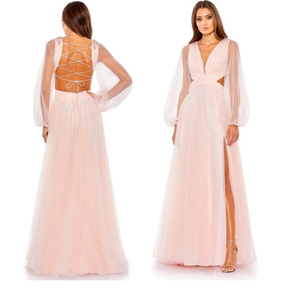Mac Duggal TULLE SHEER LONG SLEEVE CUT OUT LACE UP A LINE GOWN size 10 New $398 - Picture 1 of 15
